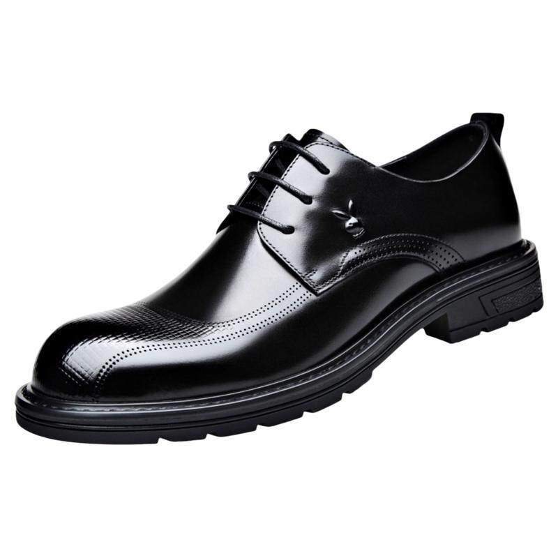 花花公子男士皮鞋真皮商务正装宽脚大头圆头结婚新郎黑色2026新款