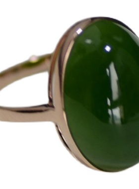 18K金天然和田玉戒指足金羊脂玉籽料指环碧玉女款戒指绿宝玉石