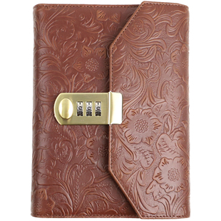 手工头层牛皮本密码锁真皮手账活页夹笔记本旅行日记本A5A6礼品本