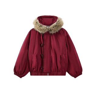 300斤大码女装高级感牛角扣保暖棉服女胖mm宽松连帽加厚棉衣外套