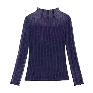 大码半高领蕾丝打底衫女内搭黑色网纱长袖t恤小衫上衣胖mm春秋冬