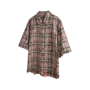 【Vintage】REBELTOREBEL 洗褪做旧毛边破坏抽须粉色格纹短袖衬衫
