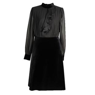 罗衣复古灯笼袖A摆连衣裙2025秋季新款淑女黑色丝绒拼接裙子06093