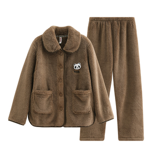 芬腾珊瑚绒女士睡衣秋冬款加绒加厚大码宽松冬翻领家居服休闲套装