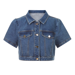 LIME莱茵牛仔套装春夏新款蓝色复古短款半袖上衣高腰半身伞裙