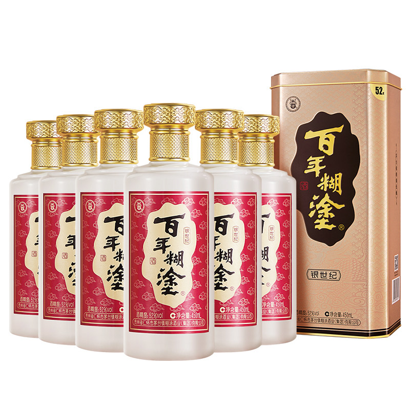 【团购专享】百年糊涂52度银世纪贵州浓香型高粱白酒送礼450ml×6