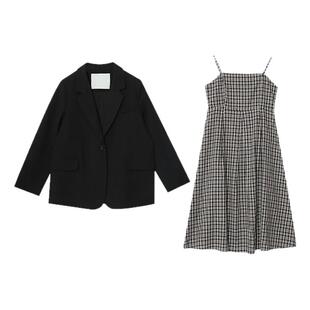 胖莹莹大码女装2026春款胖mm通勤格纹吊带裙西装外套显瘦百搭套装