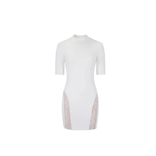 AS DALIO修身白色蕾丝拼接连衣裙半高领五分袖收腰包臀连衣裙短裙