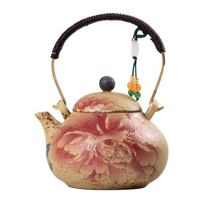 牡丹花青花火石红提梁壶套装