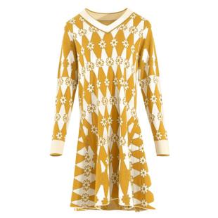 阁兰秀黄色提花针织连衣裙2025秋冬菱形格子V领含羊毛A字裙中长款