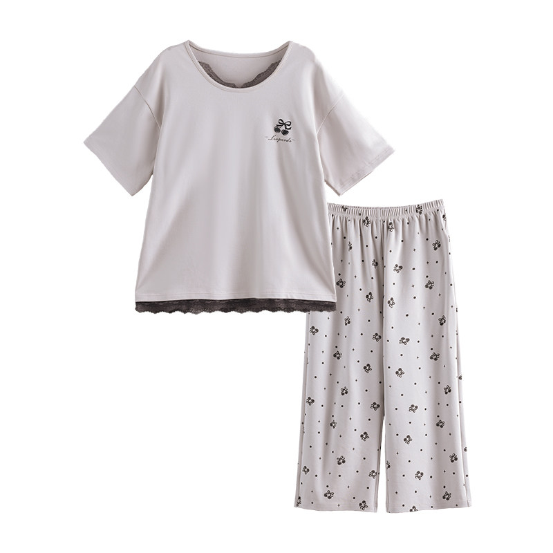 新款纯棉睡衣女夏季短袖七分裤圆领带胸垫宽松家居服韩版休闲套装