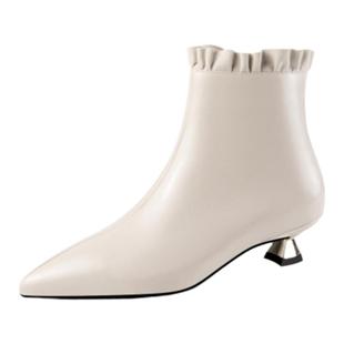 2025秋冬季新款真皮尖头白色低跟短靴中筒靴女单靴马丁靴加绒皮靴