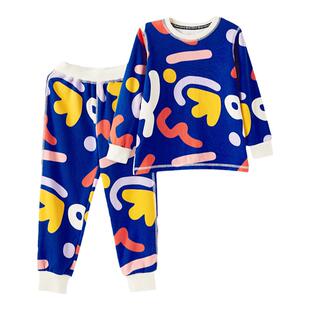 RYSONMOON秋冬男女童a类家居服蓝线条羊毛棉保暖秋衣秋裤睡衣套装