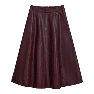 【刘涛同款】YINER音儿冬季微醺感安可拉红真皮A字半身裙