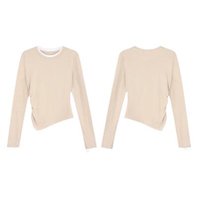 撞色拼接不规则长袖针织上衣