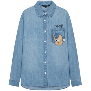 TeenieWeenie小熊女装衬衫2025秋季新款时髦复古宽松刺绣牛仔上衣