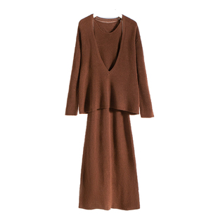 TINNTINN 绵羊毛背心吊带连衣裙大V领针织套头衫慵懒时尚两件套