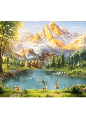 日照金山聚宝盆山水画客厅墙壁挂画自粘壁画沙发背景装饰画金山画