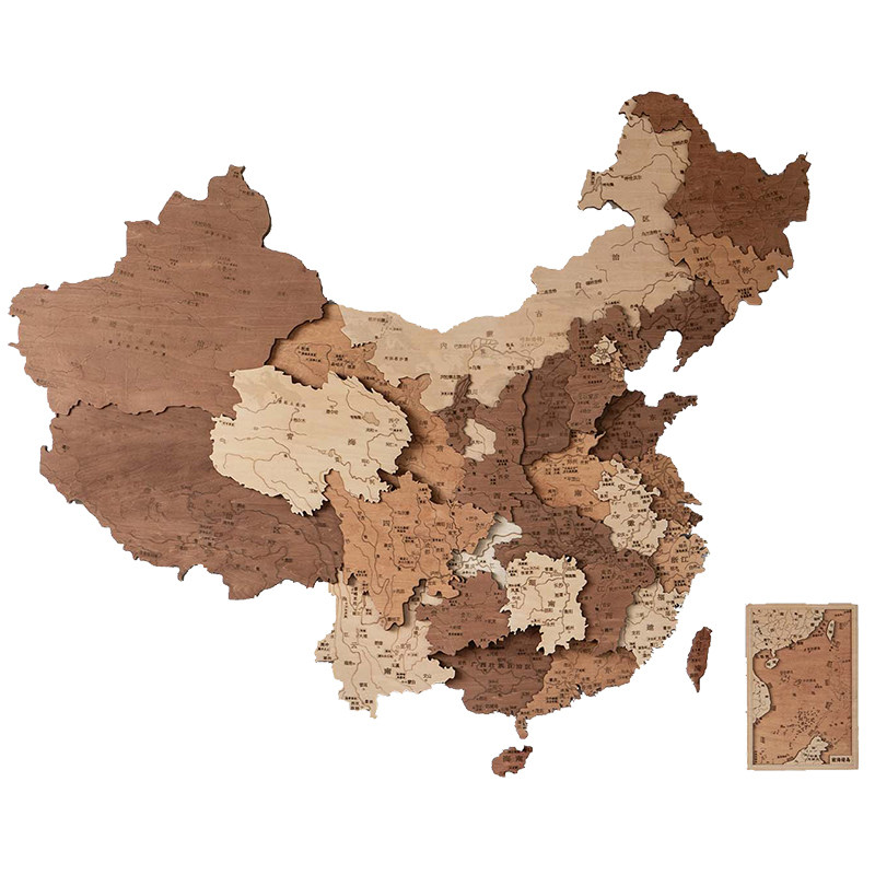 梯木叠雕实木中国地图装饰画挂画