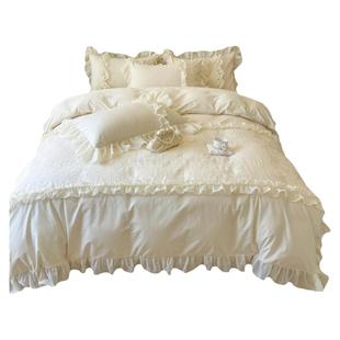 法式轻奢奶油风全棉床上四件套公主风纯棉蕾丝花边被套床单床笠夏