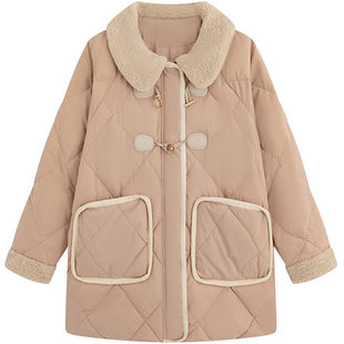 少女感300斤胖莹莹大码女装牛角扣撞色仿羊羔毛羽绒服女冬中长款