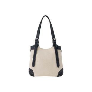 山口美袋Time Traveler真皮亚麻皮带扣单肩斜挎“扁扁”托特包