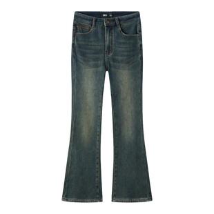 森马牛仔裤女冬季加绒弹力做旧长裤女士复古港风简约显腿长喇叭裤