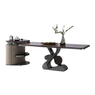 诚骏实木岛台餐桌茶桌一体可分离式旋转移动倒台黑胡桃木轻奢导台