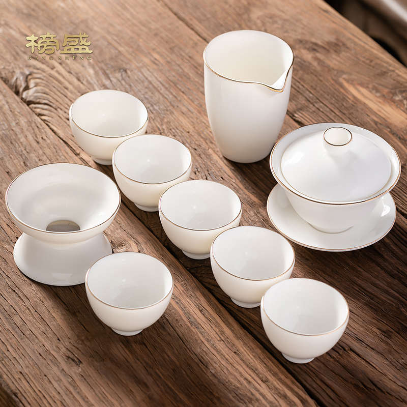 羊脂玉功夫茶具套装家用办公2025新款轻奢高档泡茶壶白瓷盖碗茶杯