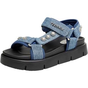 天美意一字带魔术贴厚底凉鞋女外穿休闲凉鞋子夏新款KX015BL4