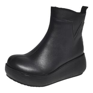 厚底真皮短靴女2025新款增高牛皮皮靴松糕底坡跟高跟女靴皮鞋女鞋