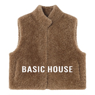 Basic House/百家好立领毛毛马甲女冬季新款宽松叠穿背心无袖外套