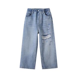 植木 男童牛仔裤破洞儿童裤子2026春季新款 中大童直筒裤潮酷童装