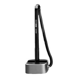 得力台笔桌面固定笔商务办公签字笔带绳防丢笔黑色柜台银行吧台台式笔座带线办公家用中性笔粘在桌上的笔6796