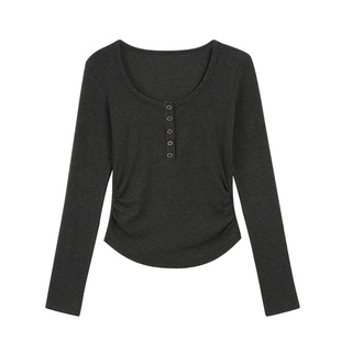 pusumede 红色长袖针织衫T恤女秋季修身收腰百搭打底衫短款上衣