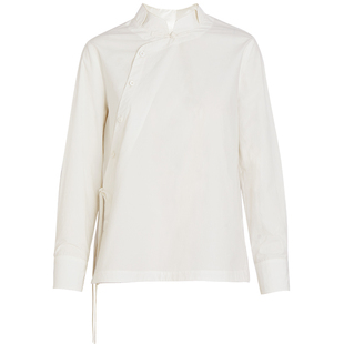 QS秸熙2026春秋新款新中式轻国风斜襟长袖衬衫花瓣形立领纯棉上衣