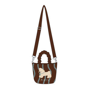 尼睿新款复古条纹小狗手拎包时尚潮流帆布包通勤百搭斜挎水桶包AC