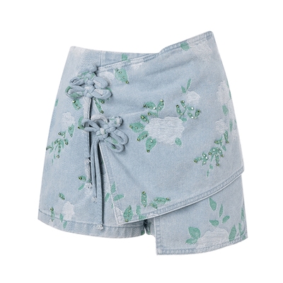 【奥莱】MAXRIENY精致复古感新中式盘扣牛仔短裤休闲裤女