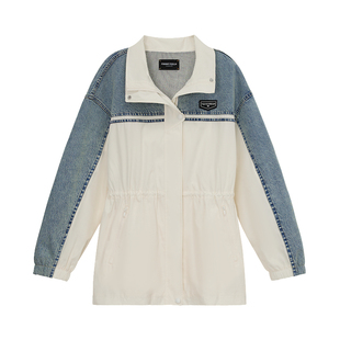 FF仿佛外套女2026春季新款落肩袖拼接牛仔休闲百搭抽绳立领外搭