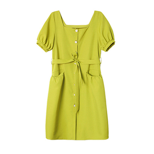 裙子女夏2025新款复古方领牛油果绿连衣裙吊带连体裤不一样闺蜜装