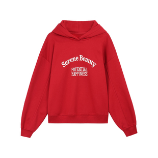 pusumede 慵懒速成 美式复古印花套头连帽卫衣女宽松加绒长袖上衣