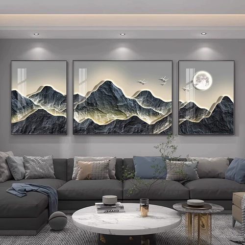 现代轻奢客厅装饰画2025新款沙发背景墙上壁画高级感三联挂画福禄