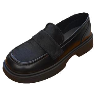 乐福鞋女2025新款春夏一脚蹬黑色真皮马毛百搭方头休闲深口小皮鞋