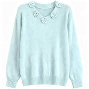 温柔风立体花朵V领毛衣女秋冬2025新款宽松减龄针织打底衫高级感