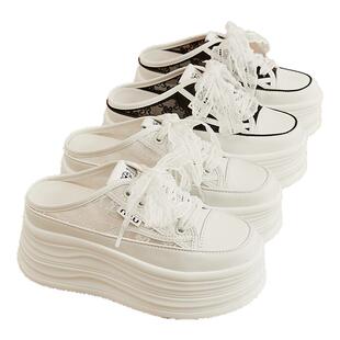 隐形内增高女鞋包头拖小个子夏季外穿8CM6松糕厚底小白鞋网面半拖