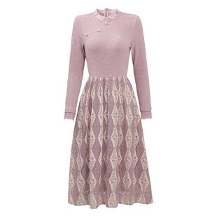 未风紫色拼接针织连衣裙女秋2025秋冬新款女装气质打底裙长袖裙子