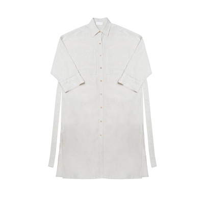 法式亚麻衬衫领长袖连衣裙