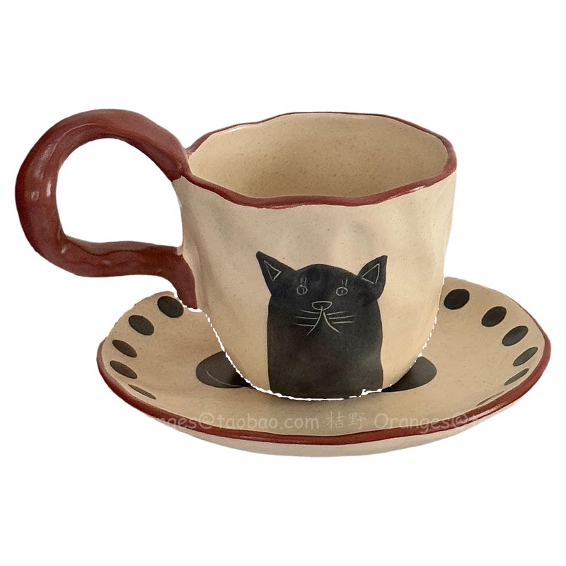 复古手绘褐边黑猫咖啡杯下午茶杯