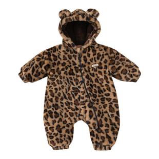 婴儿衣服女宝豹纹连体衣宝宝爬服夹棉秋冬男宝冬装外出服毛绒棉服