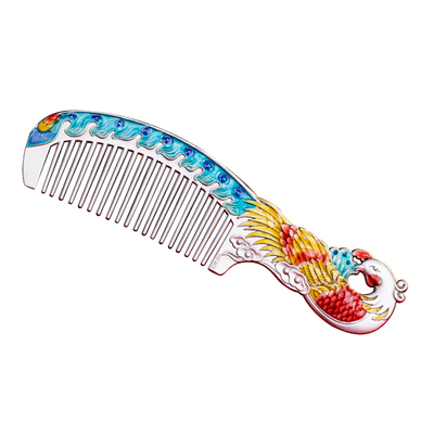 999纯银梳子珐琅工艺足银发梳彩色凤凰民族风情新中式送节日礼物